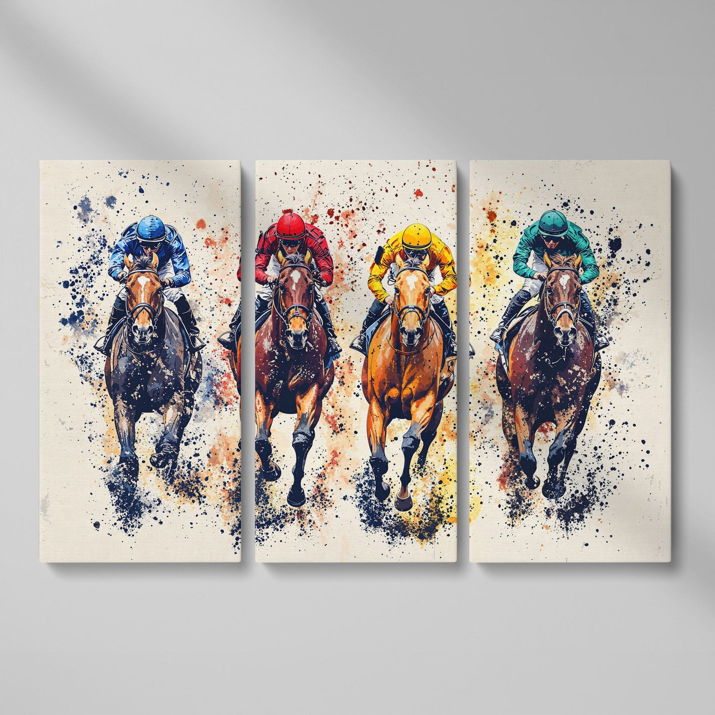 Colorful Jockeys Canvas Print, Horse Racing Art as 3-panel split version