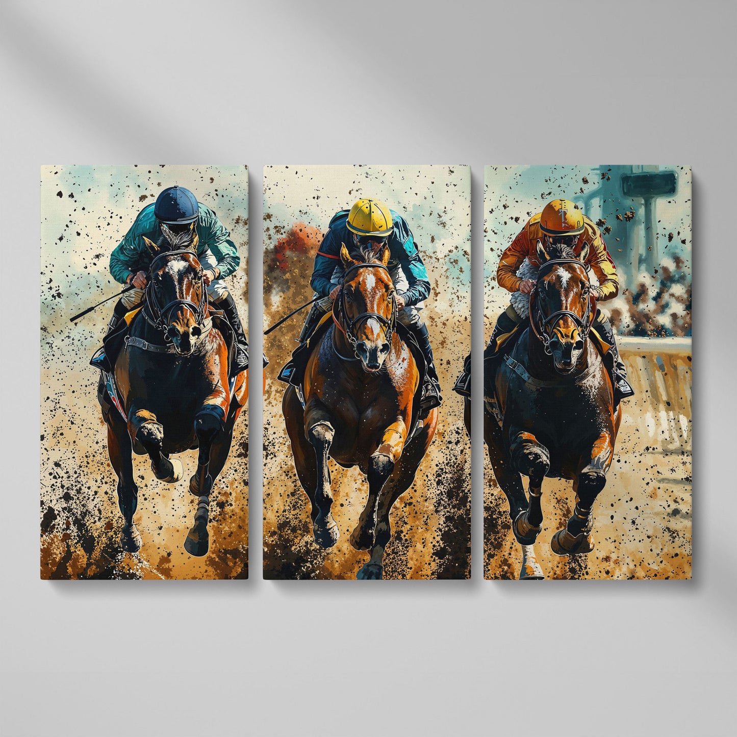 Horse Jockeys Racing Canvas Print as 3-panel split version