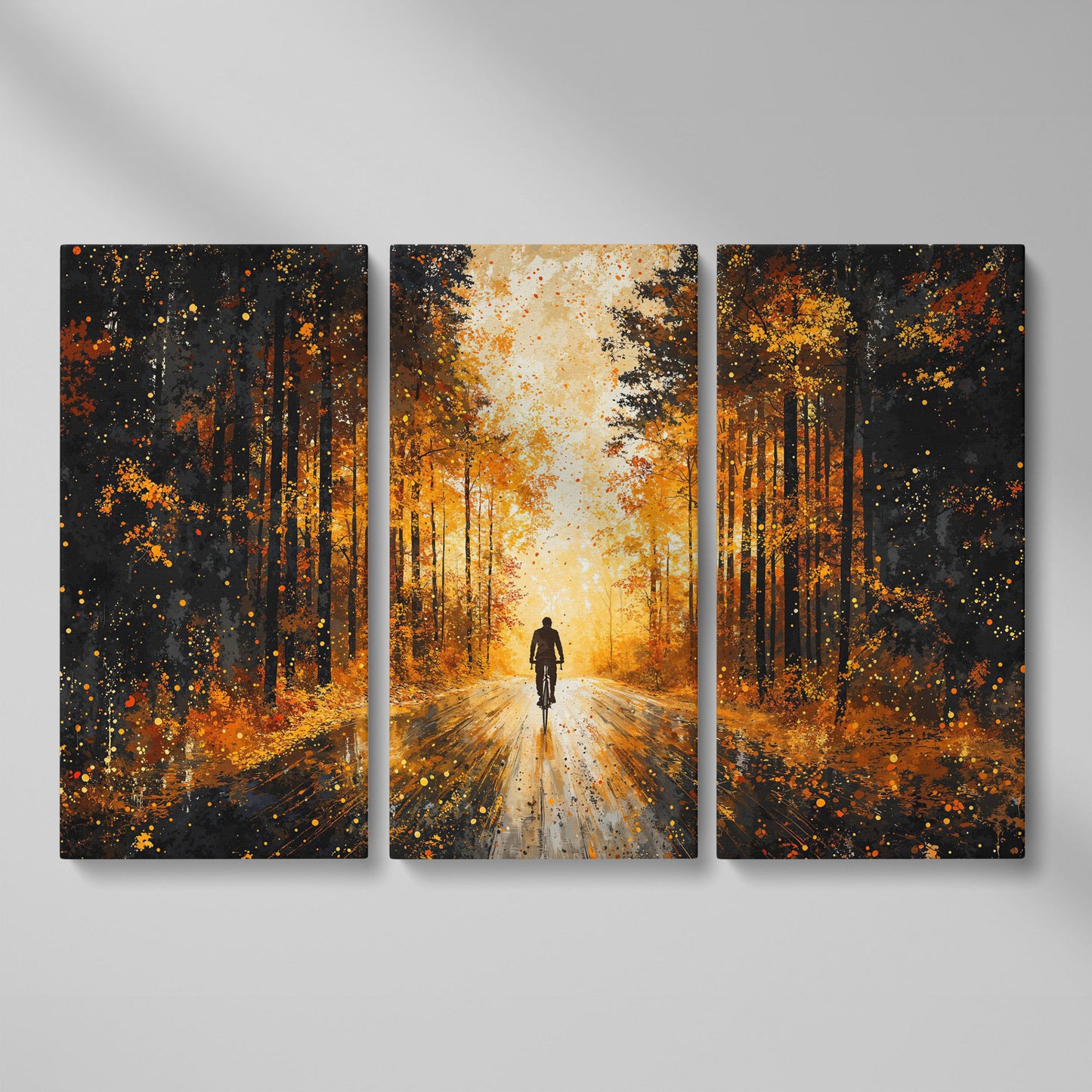 Autumn Forest Bicyclist Canvas as 3-panel split version