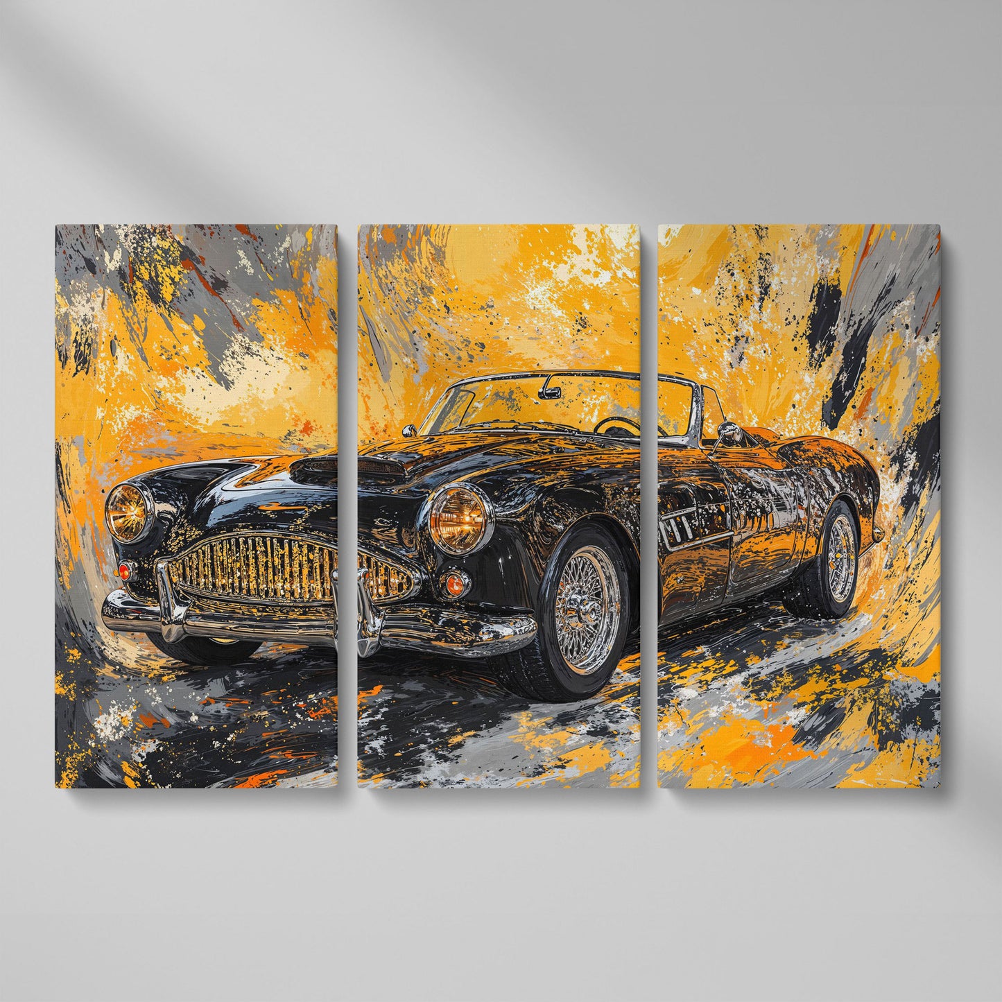 Classic Convertible Car Canvas Print in Mustard and Charcoal as 3-panel split version
