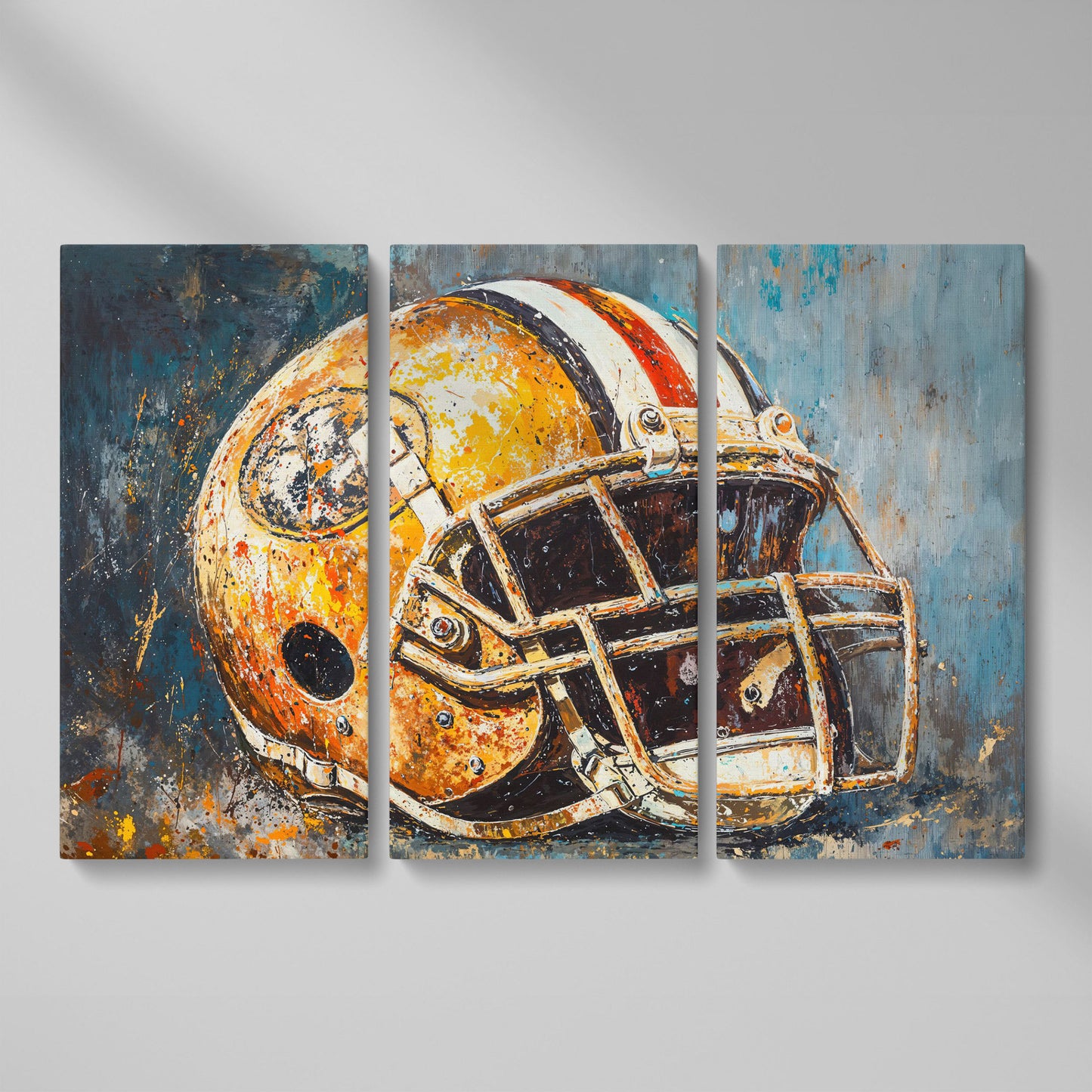 Football Helmet Canvas Print in Mustard & Teal as 3-panel split version