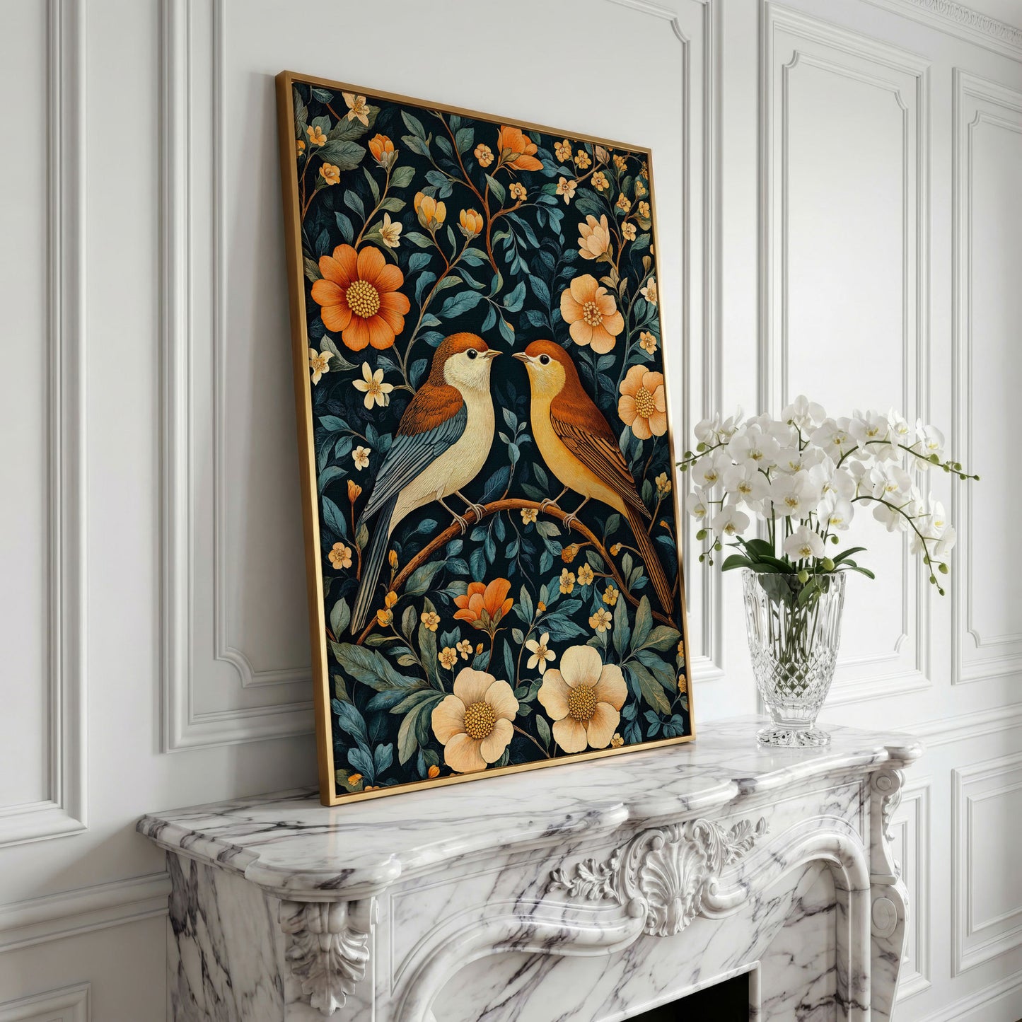 William Morris Birds & Blooms Canvas Print in yellow gold floating frame