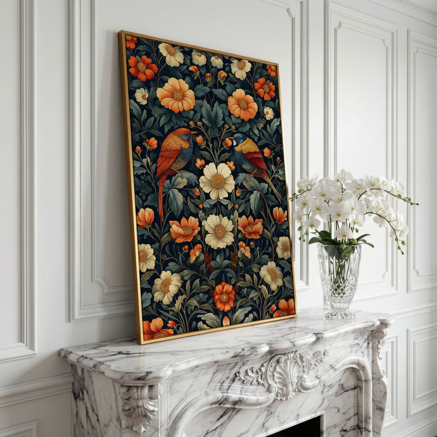 Morris-Style Birds & Blossoms Canvas in yellow gold floating frame