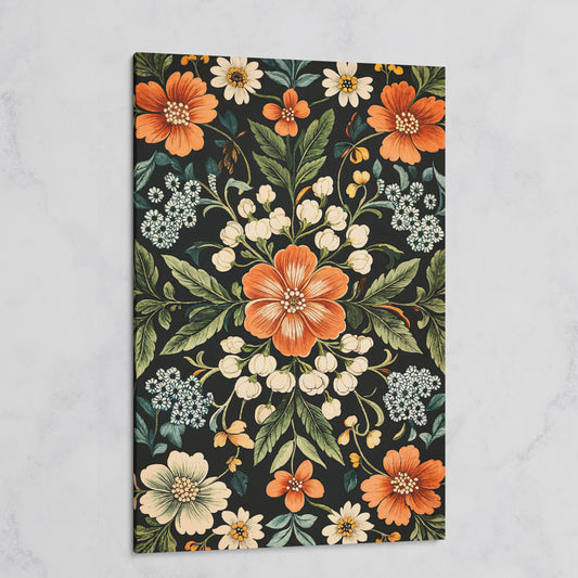 Morris-Inspired Floral Canvas in Ivory and Forest Green on gallery wrap