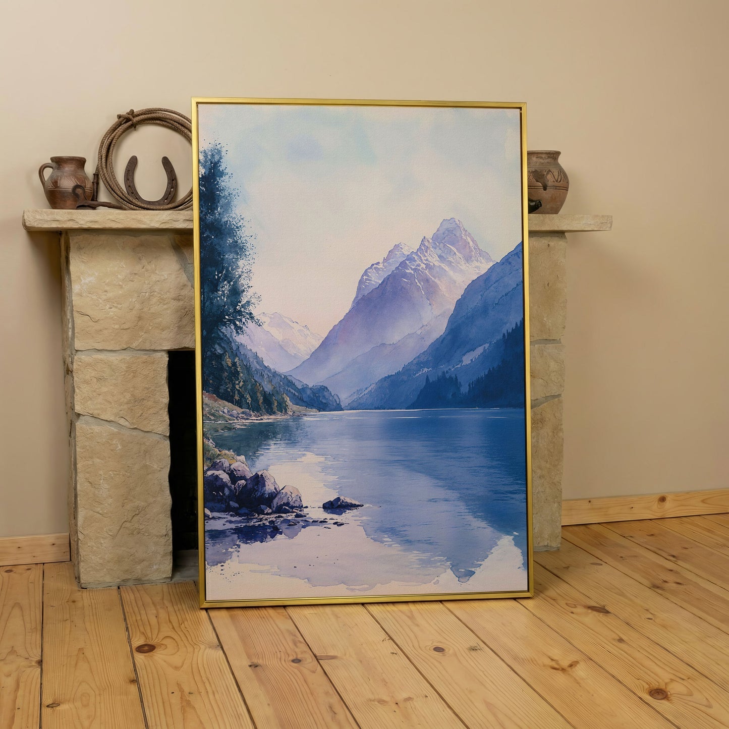 Watercolor Mountain Landscape Canvas in Dusty Blue in yellow gold floating frame