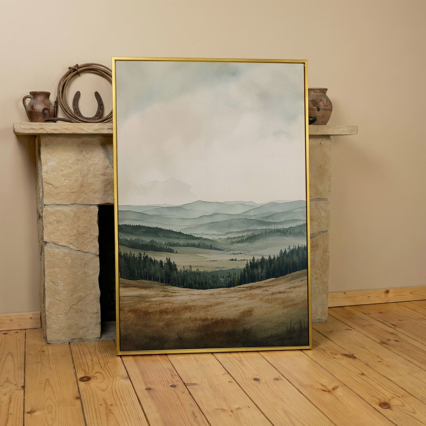 Serene Mountain View Country Landscape Canvas in yellow gold floating frame