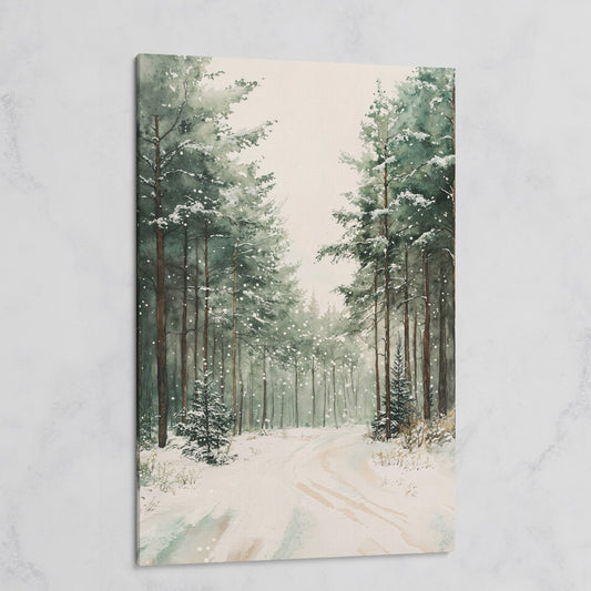Winter Forest Road Canvas Print with Evergreen Trees on gallery wrap