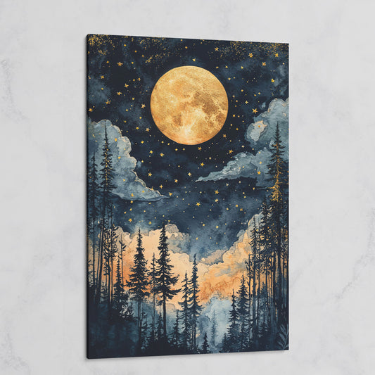 Moonlit Forest Canvas Print with Gold Moon and Stars on gallery wrap
