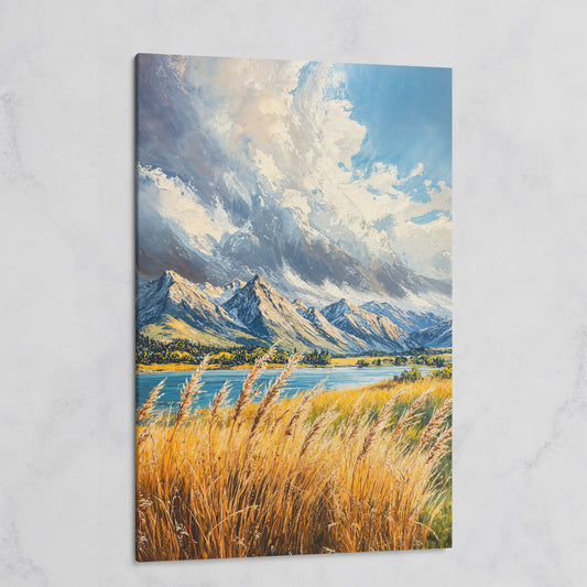 Mountain Landscape Canvas with Golden Grass and Cerulean Peaks on gallery wrap