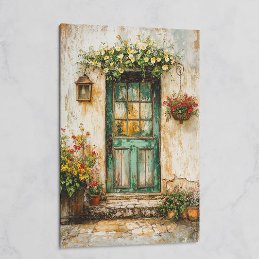 Rustic Green Door with Flowers Canvas Wall Art on gallery wrap
