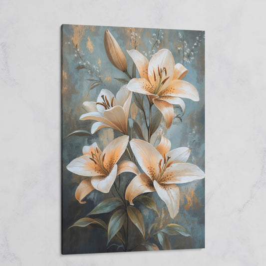 Elegant Lily Floral Canvas Print in Ivory and Dusty Blue on gallery wrap
