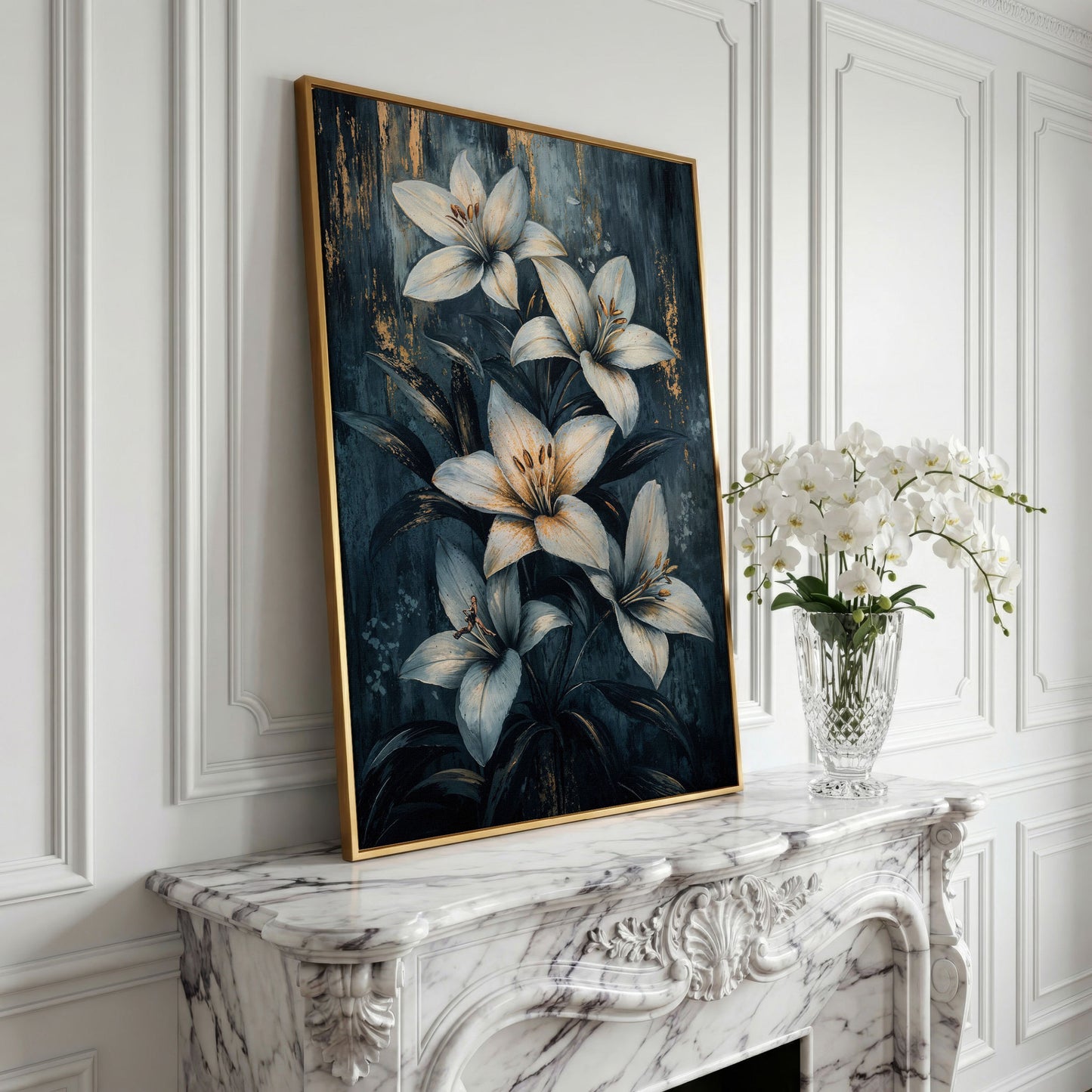 Modern Lily Canvas Art with Resting Figure in yellow gold floating frame