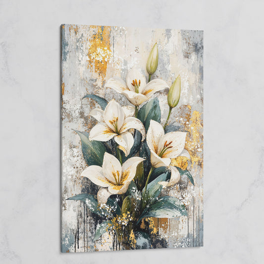 White Lily Bouquet Canvas Print with Teal & Gold on gallery wrap