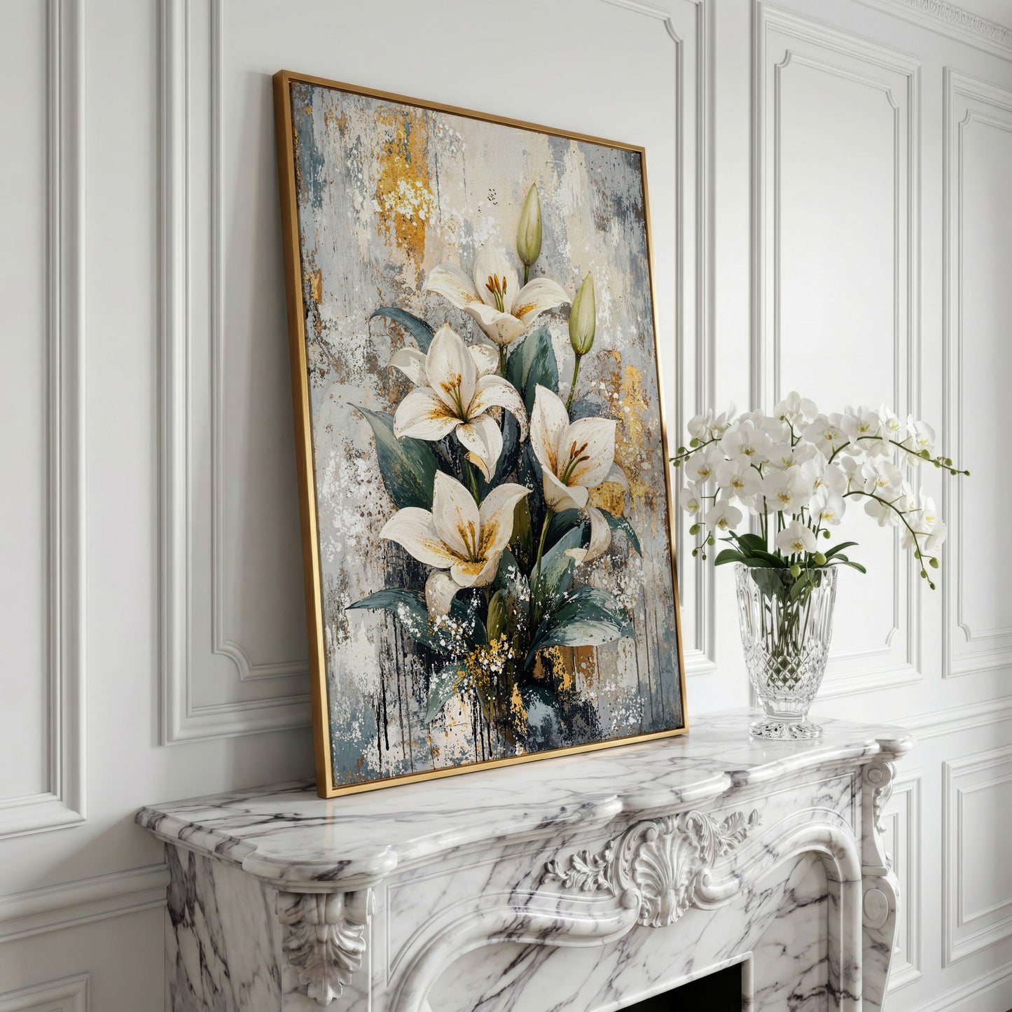 White Lily Bouquet Canvas Print with Teal & Gold in yellow gold floating frame