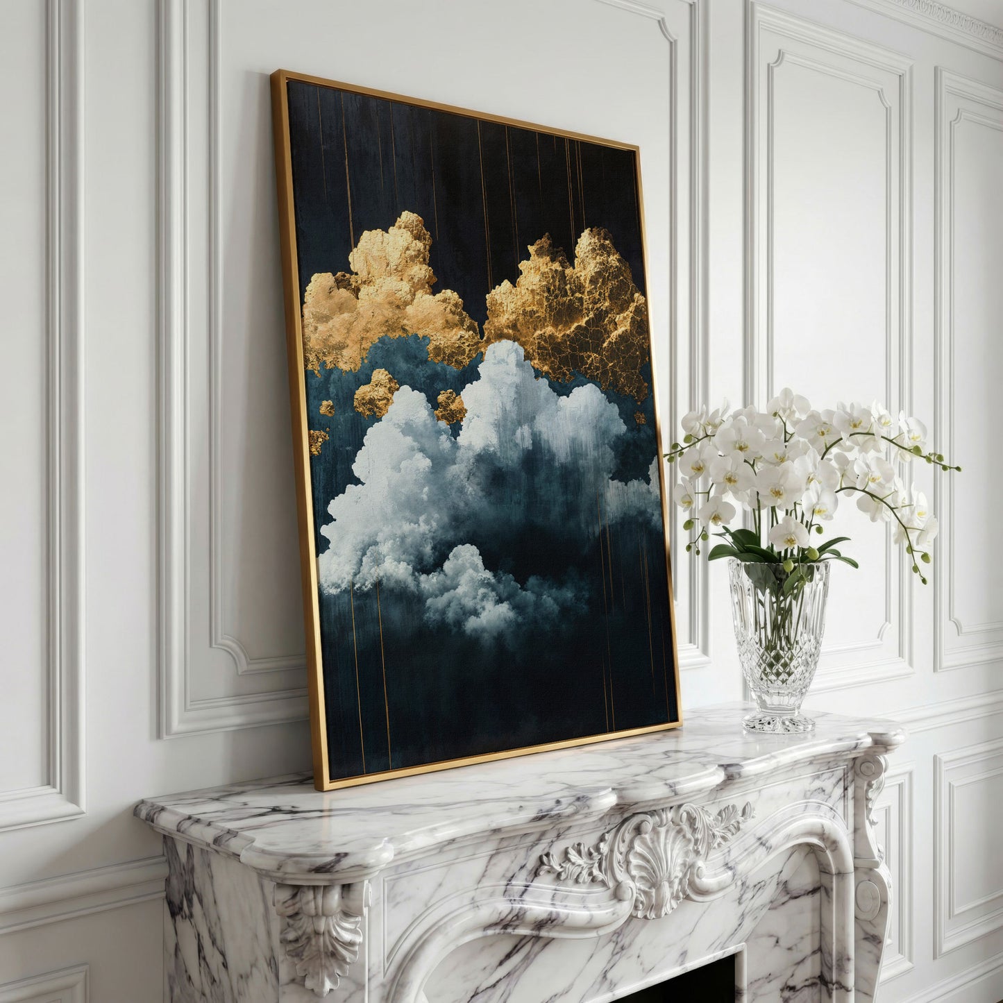 Surreal Cloudscape Canvas Print in Gold and Indigo in yellow gold floating frame