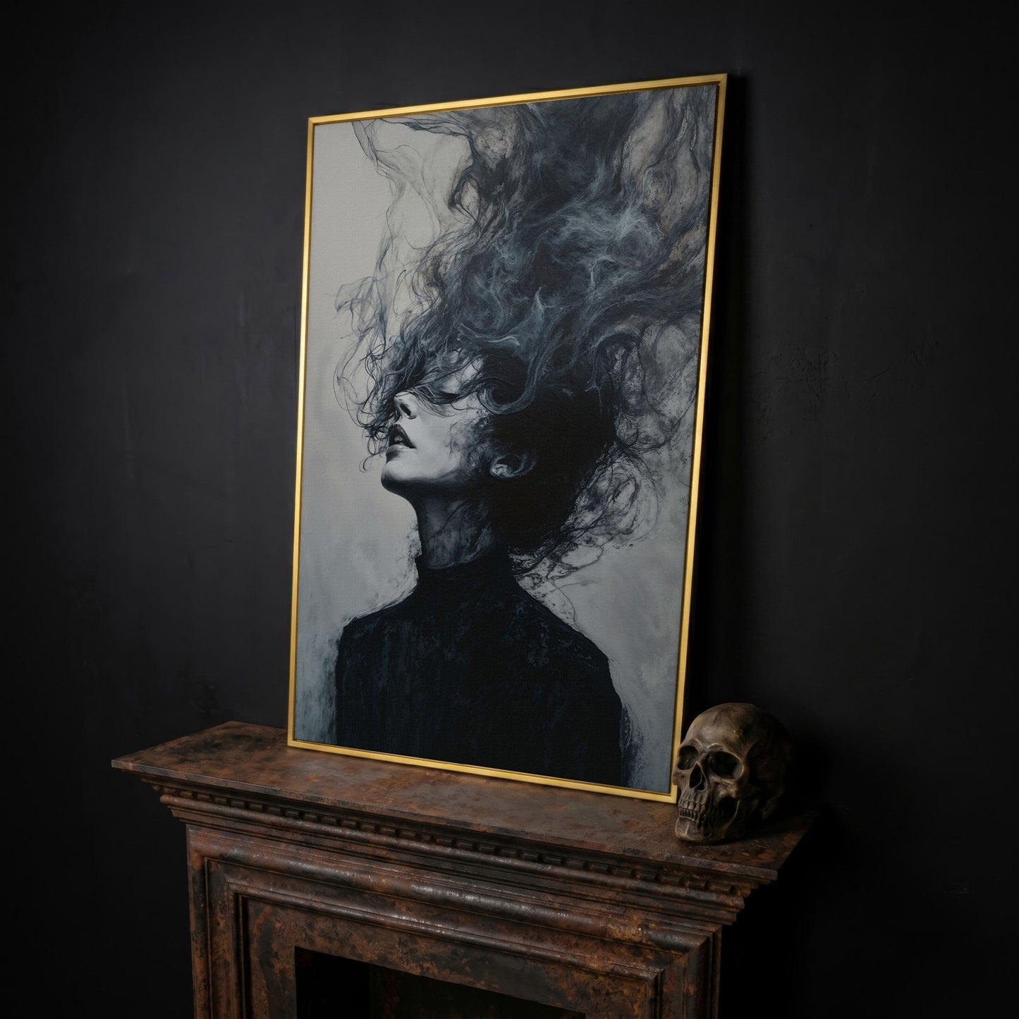 Moody Abstract Feminine Portrait Canvas in yellow gold floating frame