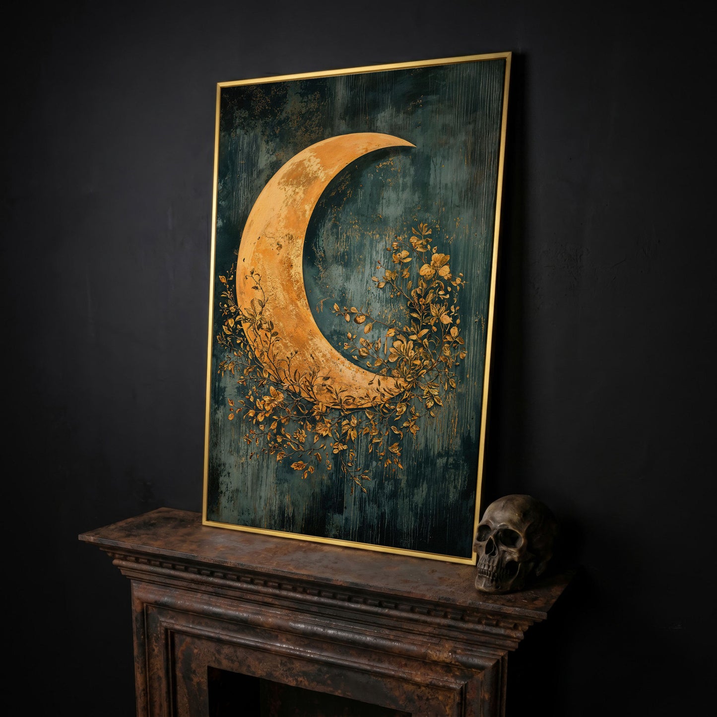 Crescent Moon and Foliage Canvas Art, Moody Celestial Wall Print in yellow gold floating frame