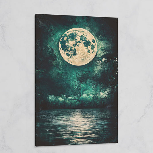 Full Moon Over Still Lake, Painterly Sky Canvas Art on gallery wrap