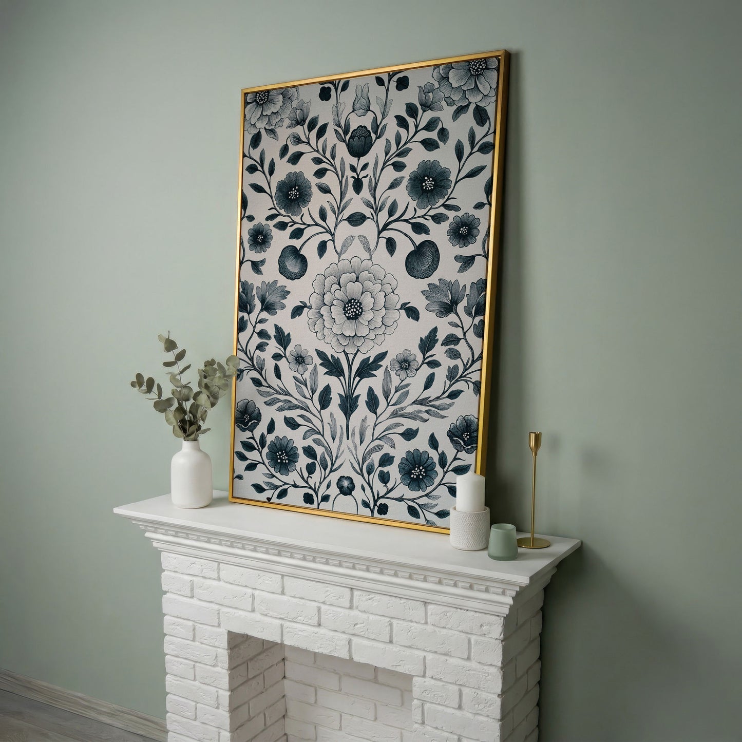William Morris Floral Canvas Art, Botanical Leaves and Stems in yellow gold floating frame