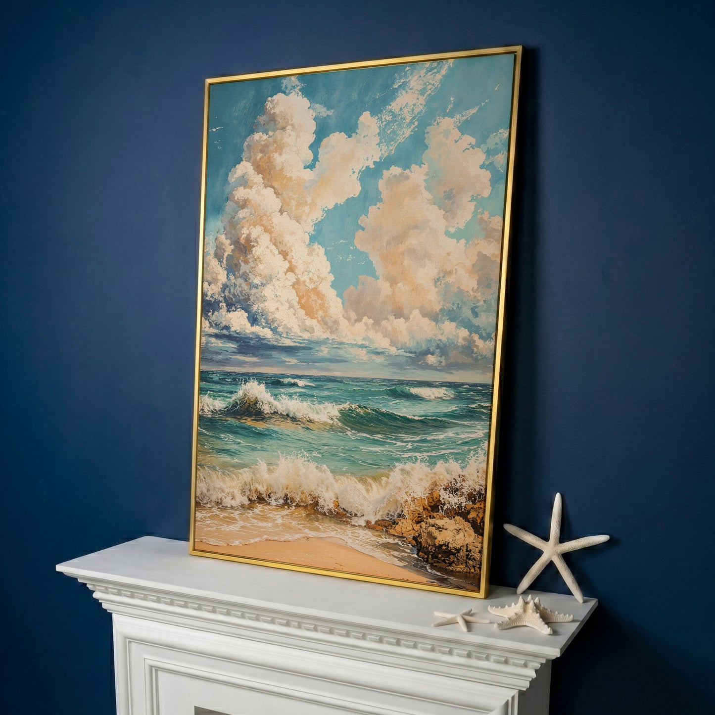 Ocean Waves at Shore Canvas Print in yellow gold floating frame