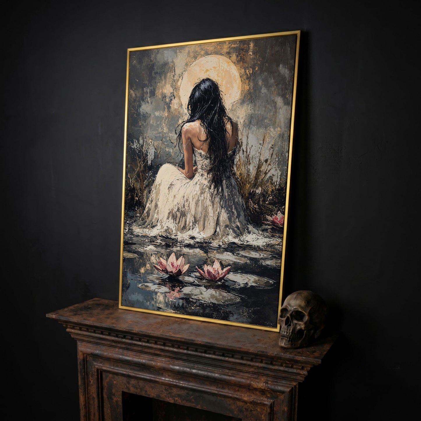 Woman by Moonlit Water Lilies Canvas Print in yellow gold floating frame