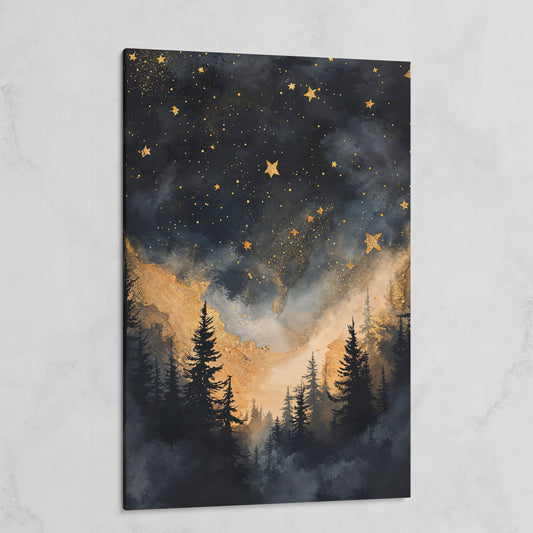 Starry Night Forest Silhouette with Gold Mountains Canvas Art on gallery wrap