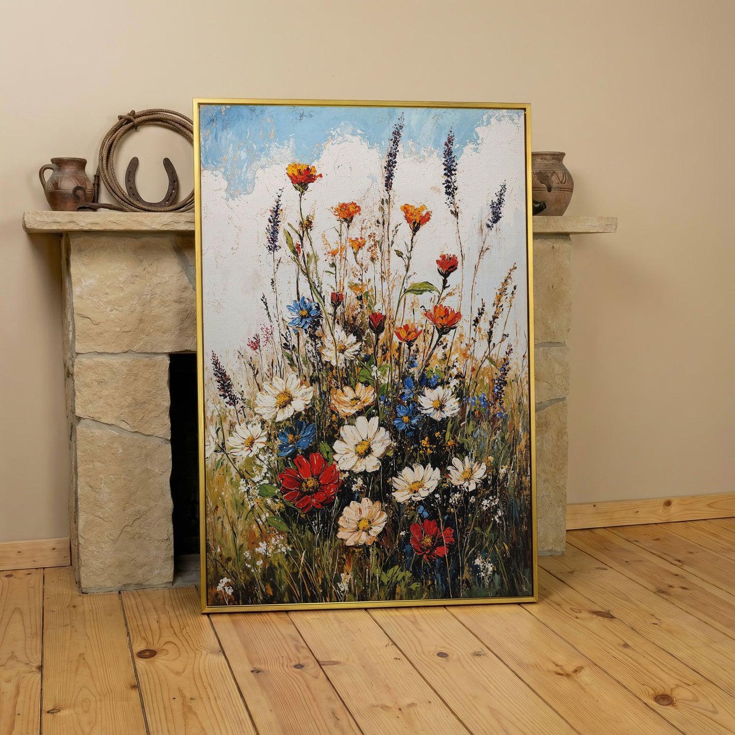 Wildflower Bouquet Canvas Art: Daisies, Lavender and Garden Blooms in yellow gold floating frame