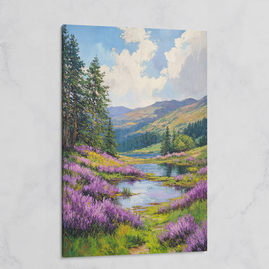 Serene Mountain Landscape Canvas with Wildflower Meadow on gallery wrap
