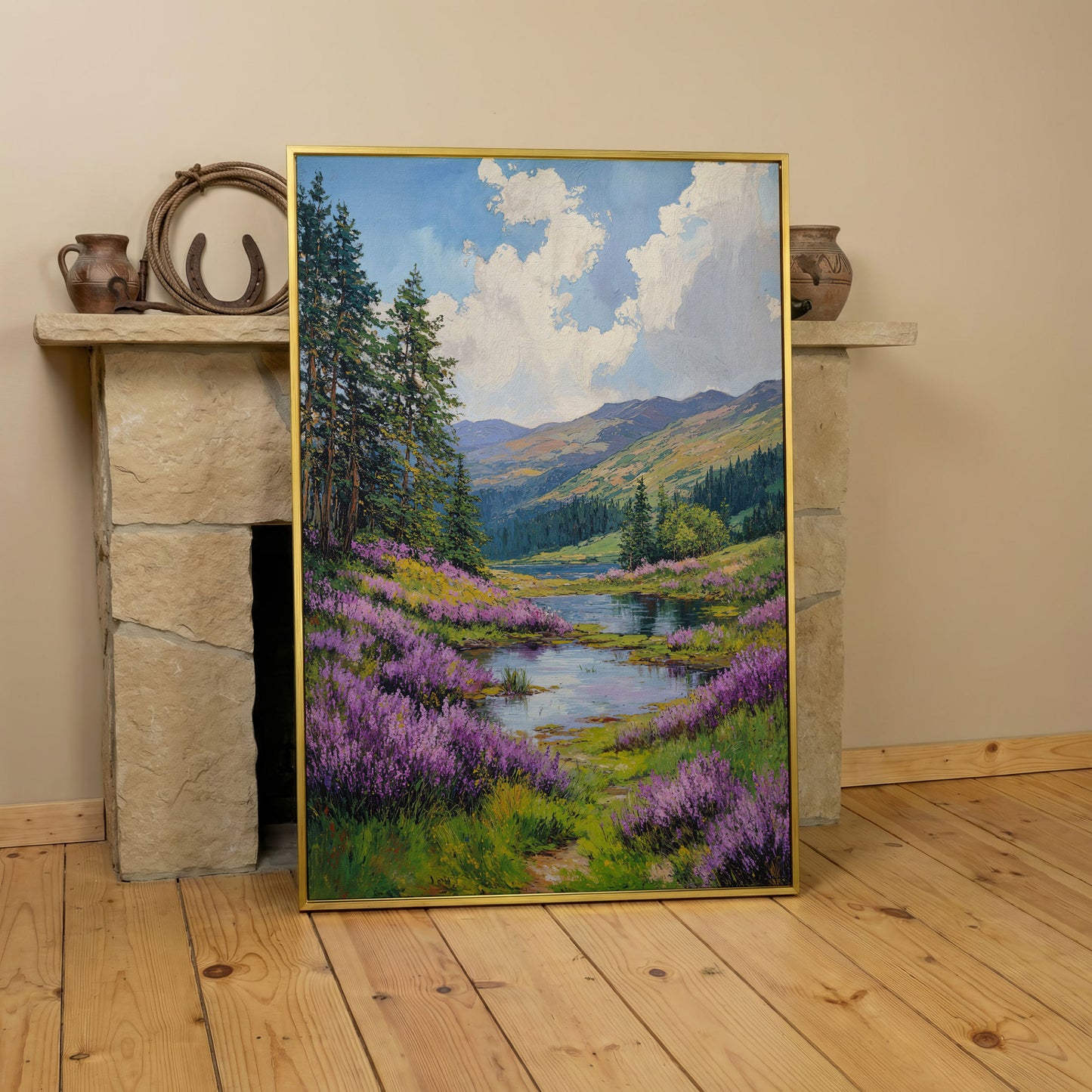 Serene Mountain Landscape Canvas with Wildflower Meadow in yellow gold floating frame