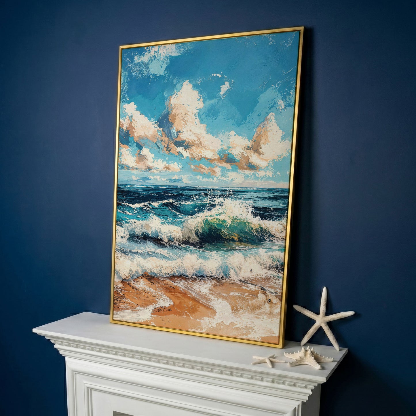 Ocean Waves at Sunrise Canvas Print in yellow gold floating frame
