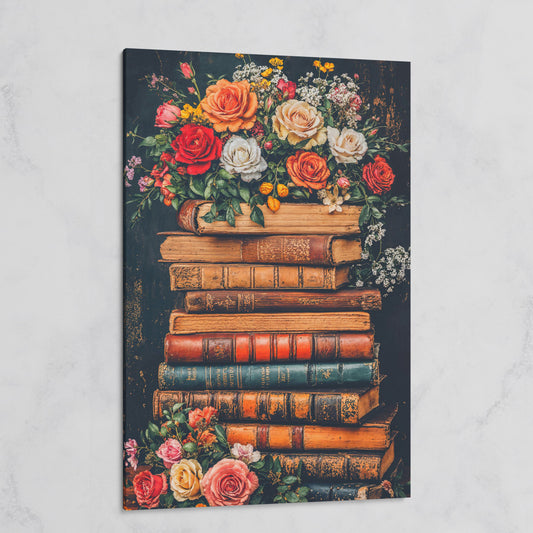 Vintage Books and Roses Canvas Wall Art on gallery wrap