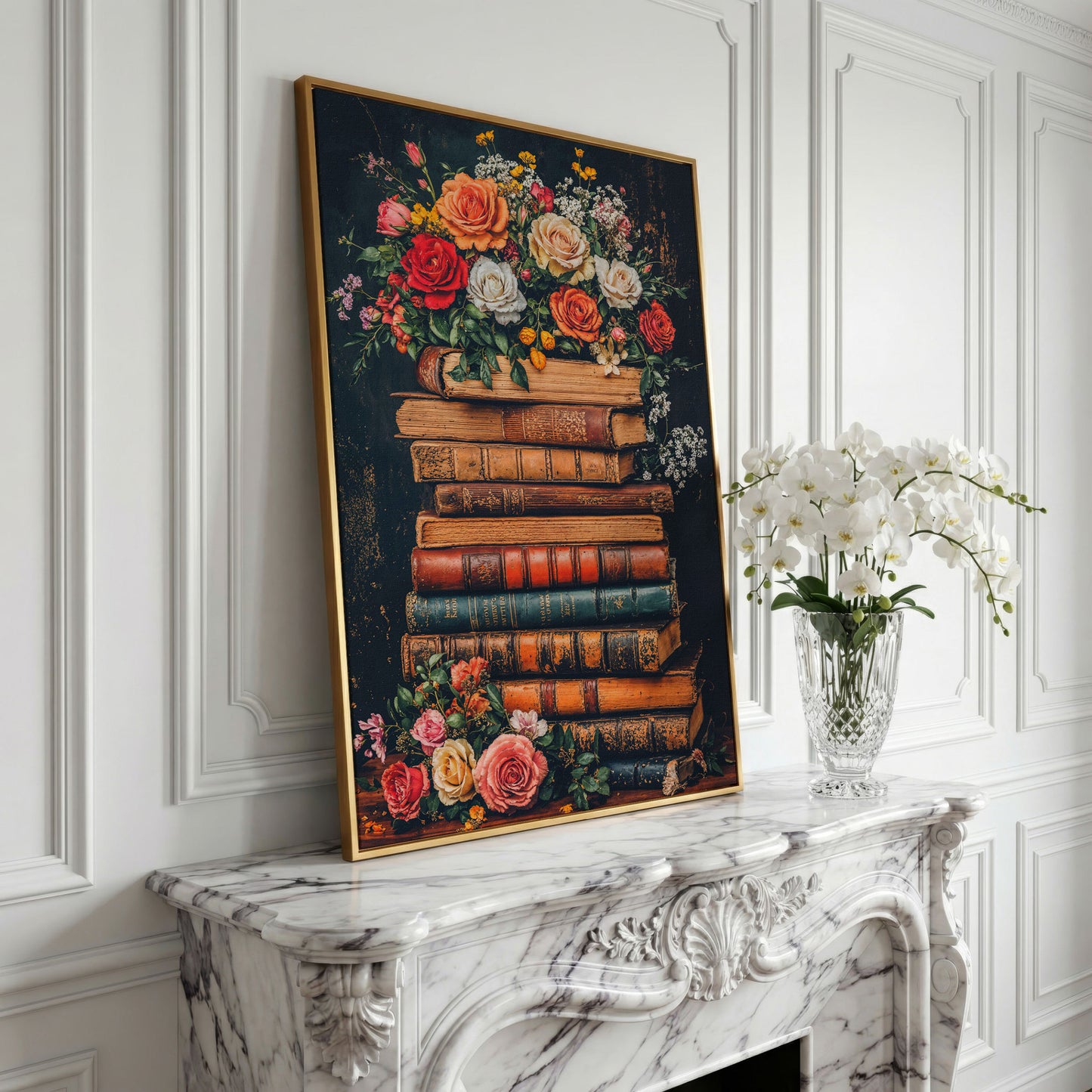 Vintage Books and Roses Canvas Wall Art in yellow gold floating frame