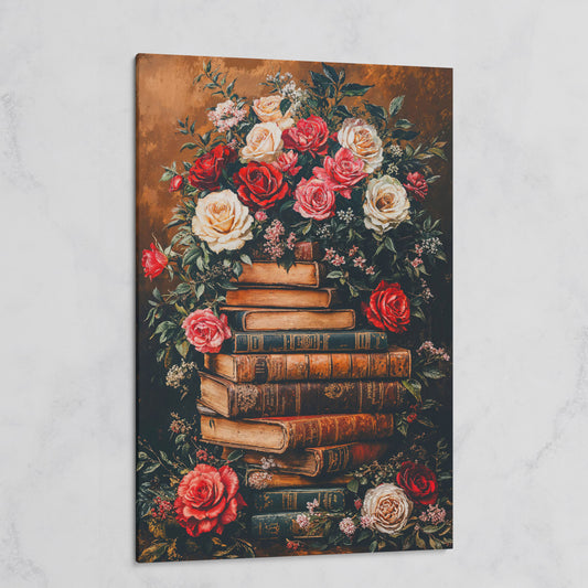 Vintage Book Stack with Roses Canvas on gallery wrap