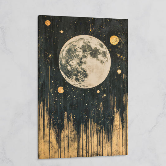 Celestial Moonlight Canvas with Gold Drip on gallery wrap