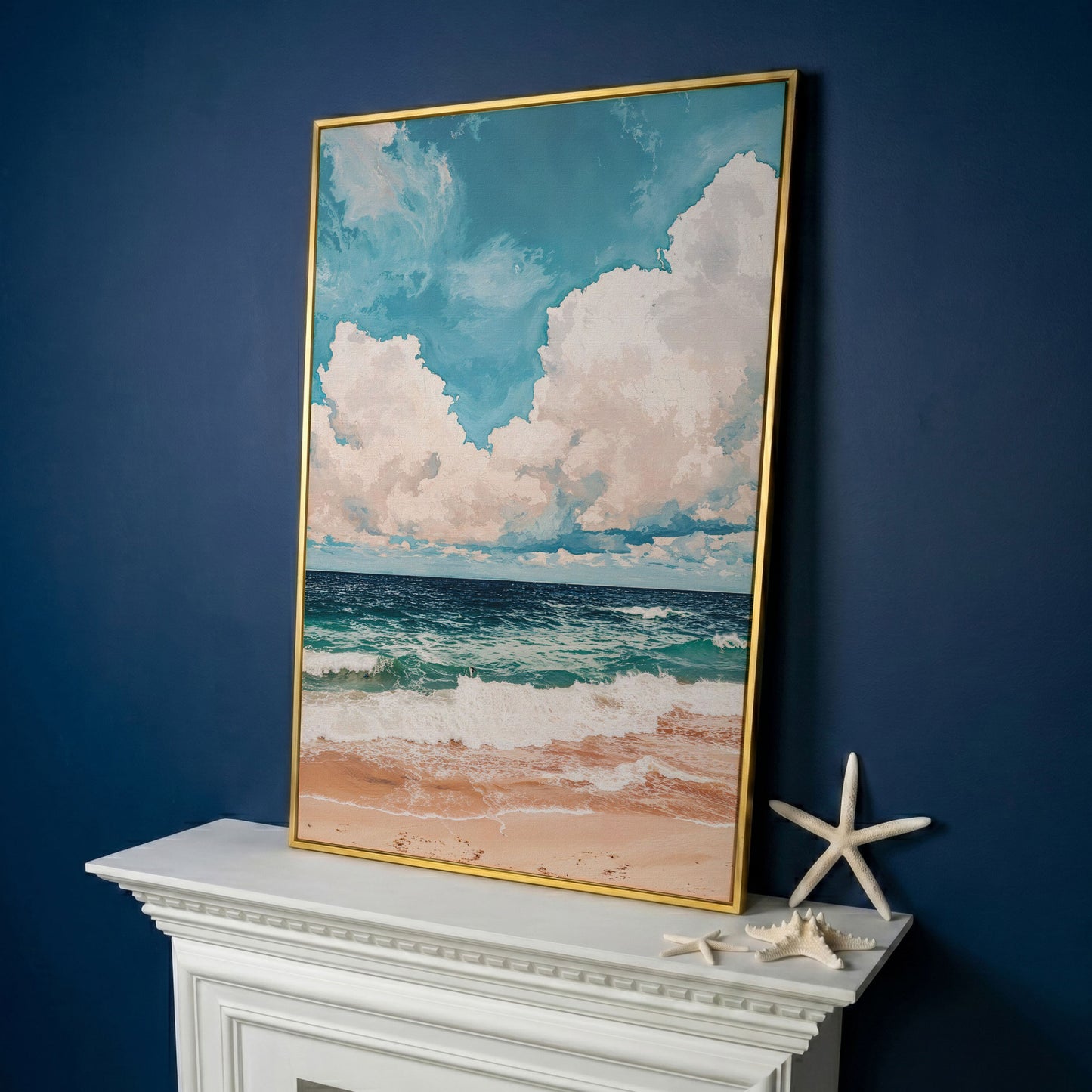 Coastal Shore Canvas with Soft Horizon in Teal in yellow gold floating frame