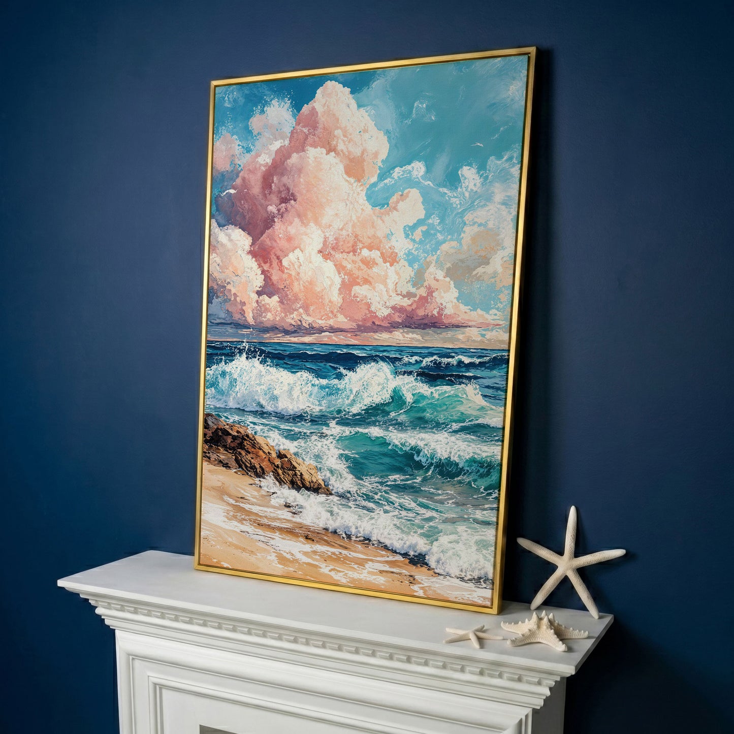 Coastal Seascape with Turquoise Waves and Pink Sky Canvas in yellow gold floating frame