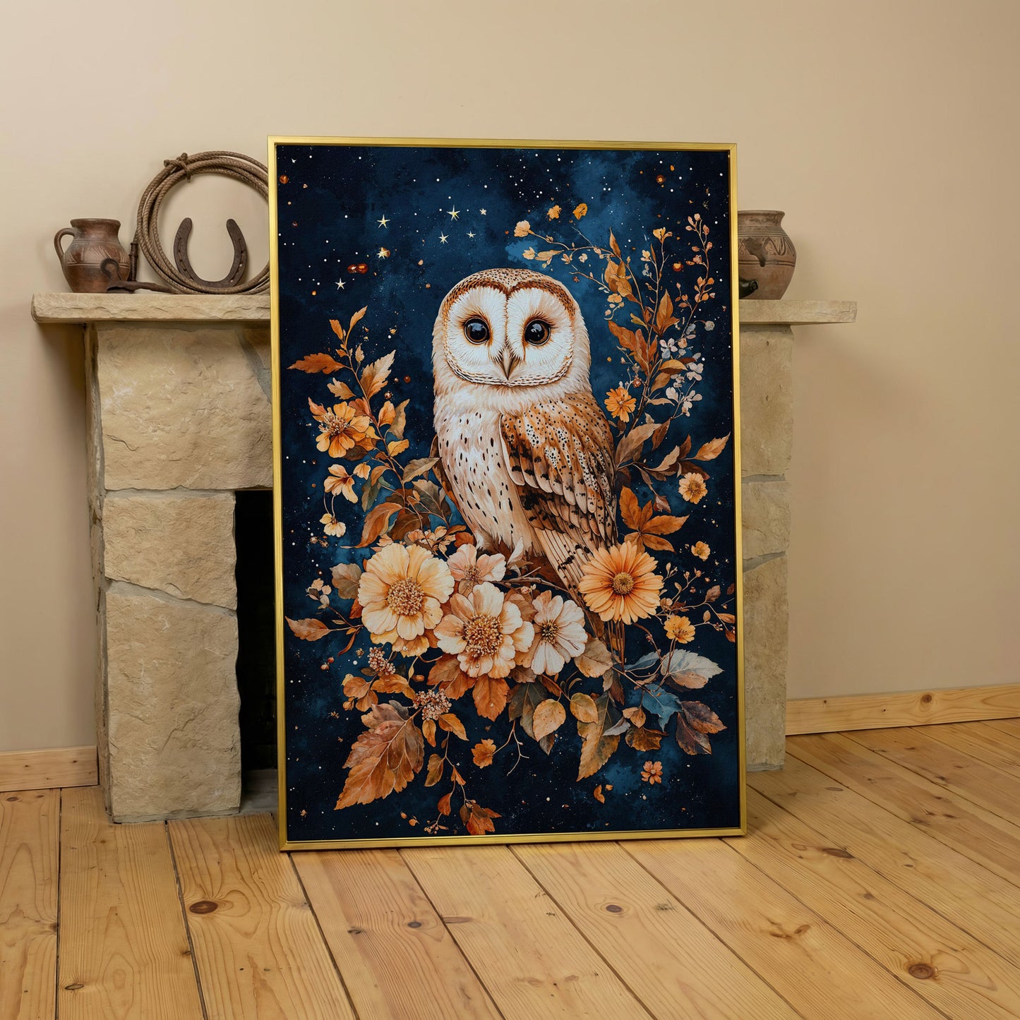 Nocturnal Owl with Night Florals Canvas Print in yellow gold floating frame