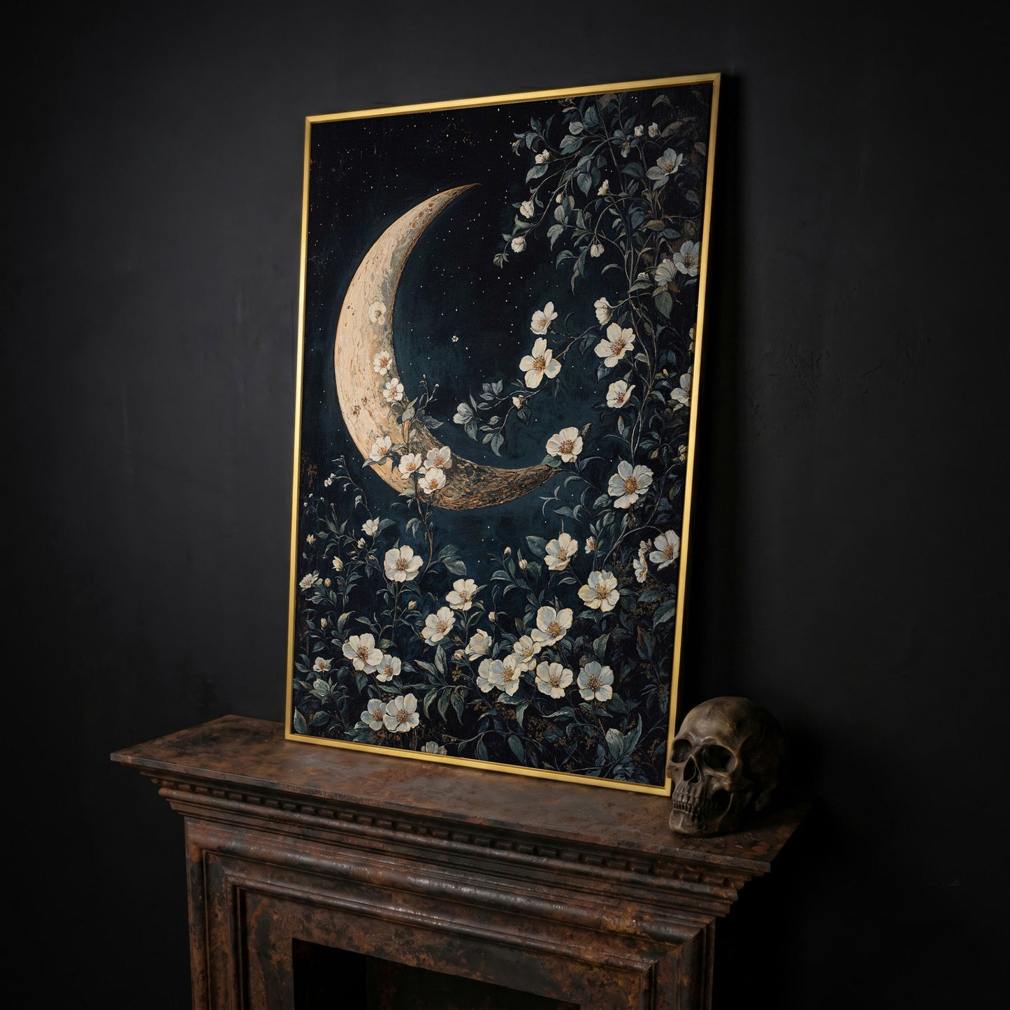 Floral Moonlit Night Canvas Print with Starry Botanical Art in yellow gold floating frame