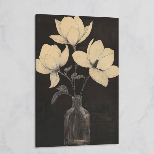 Magnolia & Vase Black and White Canvas on gallery wrap