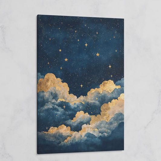 Celestial Night Sky Canvas Print with Gold Stars on gallery wrap