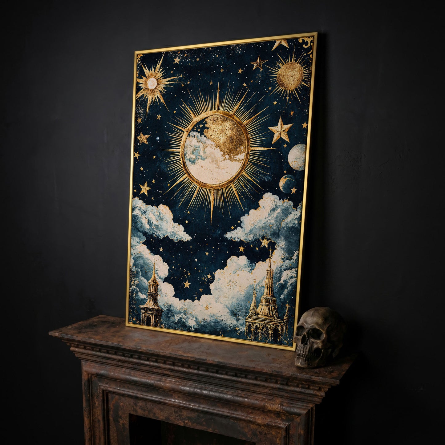 Golden Moon and Starry Sky Canvas Print in yellow gold floating frame