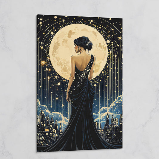 Moonlit Cityscape with Woman Canvas on gallery wrap