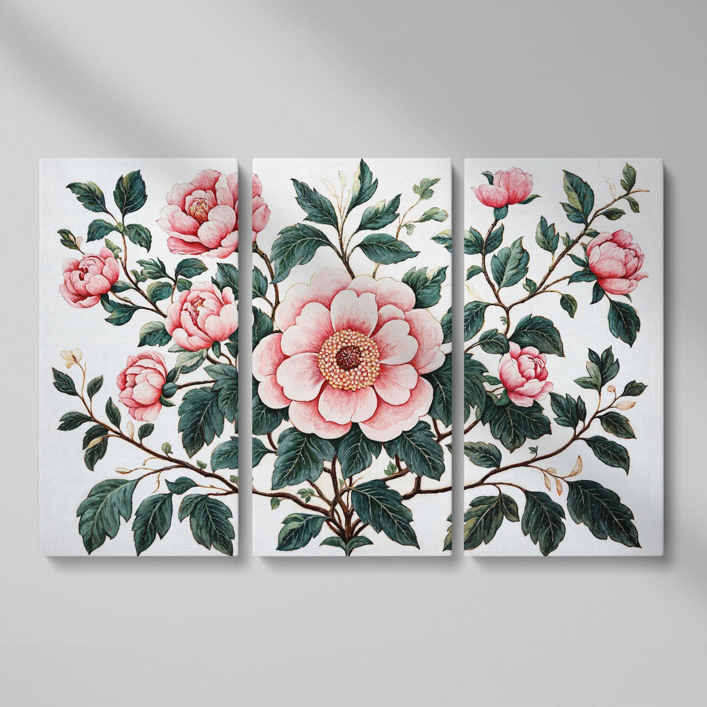 Pink Peonies Canvas Print with Vintage Botanical Feel as 3-panel split version