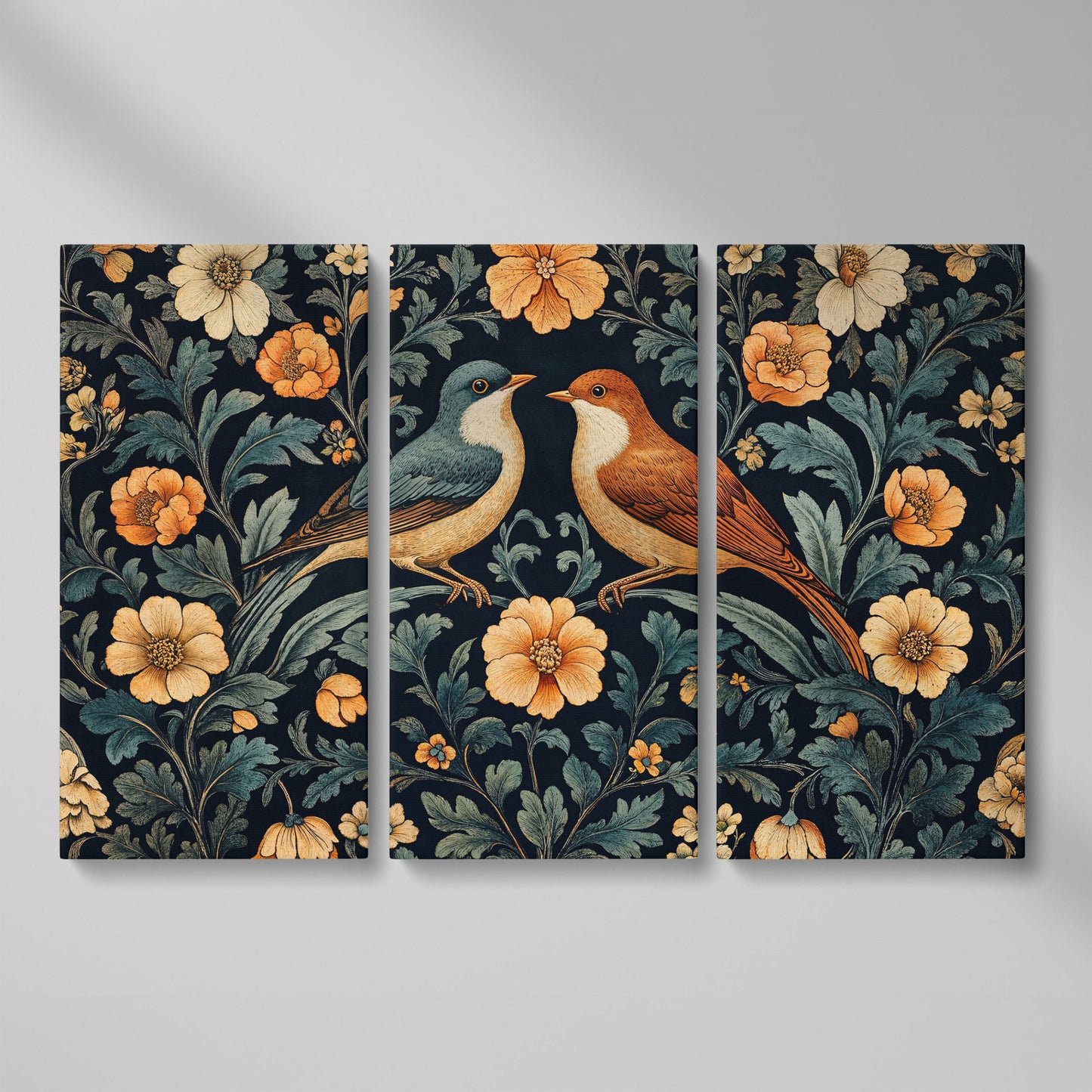 Vintage Birds and Florals Canvas Print as 3-panel split version