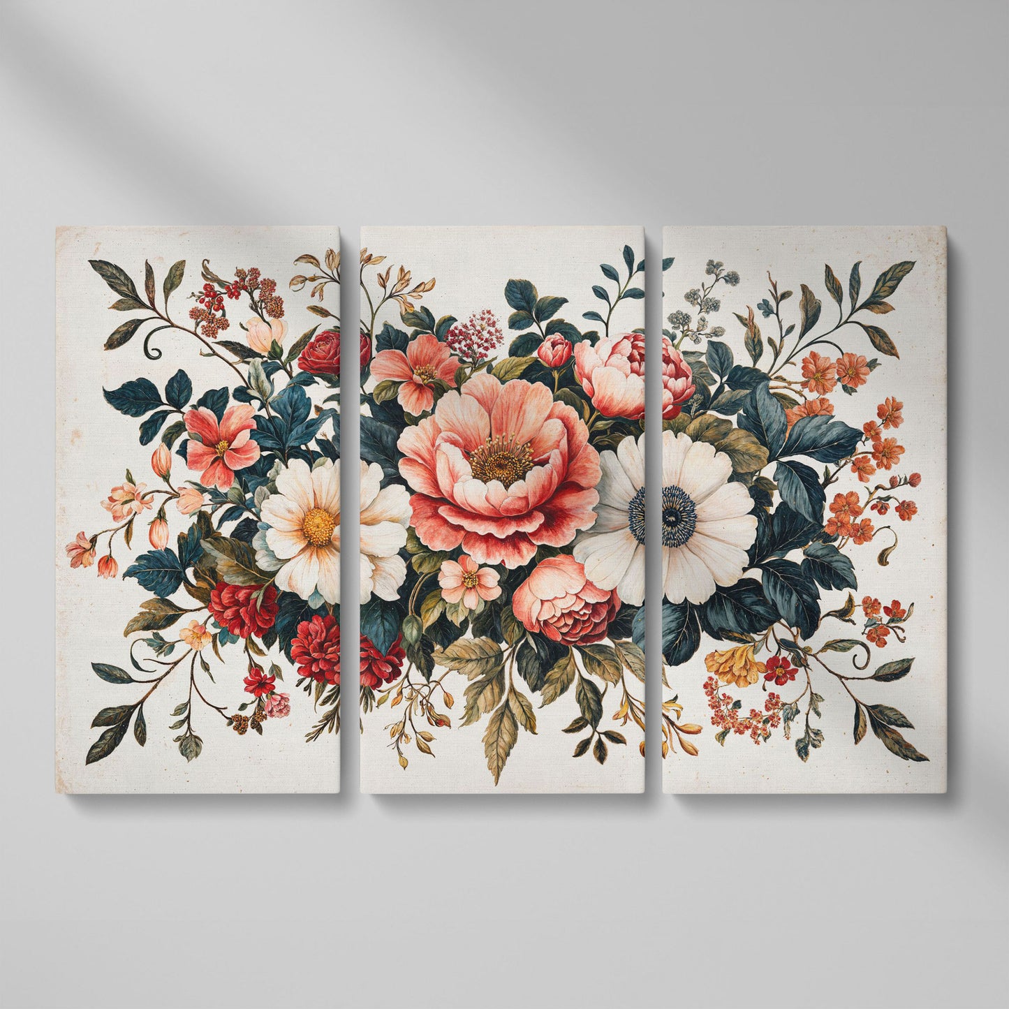 Vintage Floral Botanical Canvas with Salmon Peonies as 3-panel split version