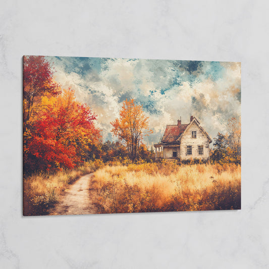 Weathered Farmhouse in Autumn Canvas Wall Art on gallery wrap