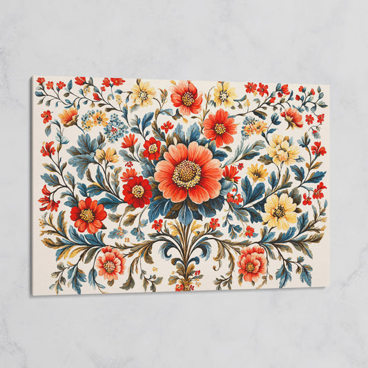 Vintage Floral Canvas with Crimson and Mustard Blooms on gallery wrap