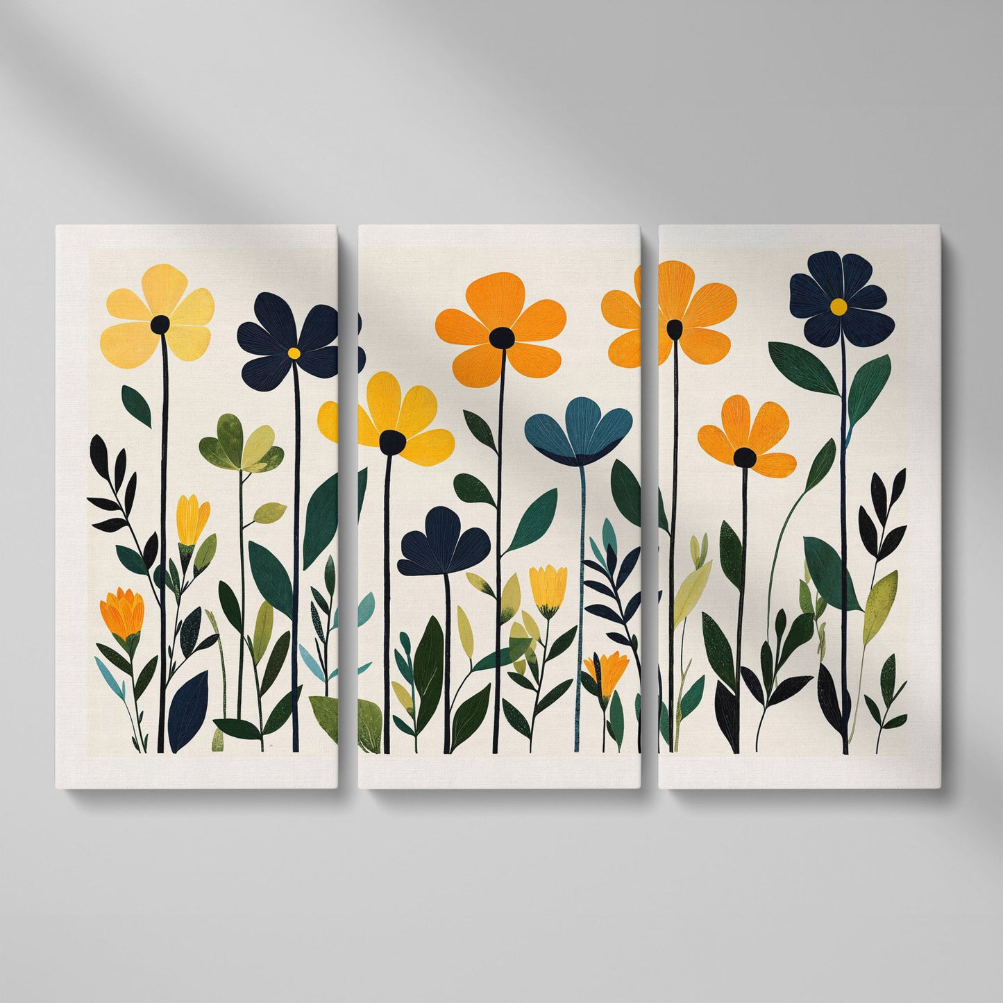 Stylized Botanical Bouquet Floral Canvas Wall Art as 3-panel split version