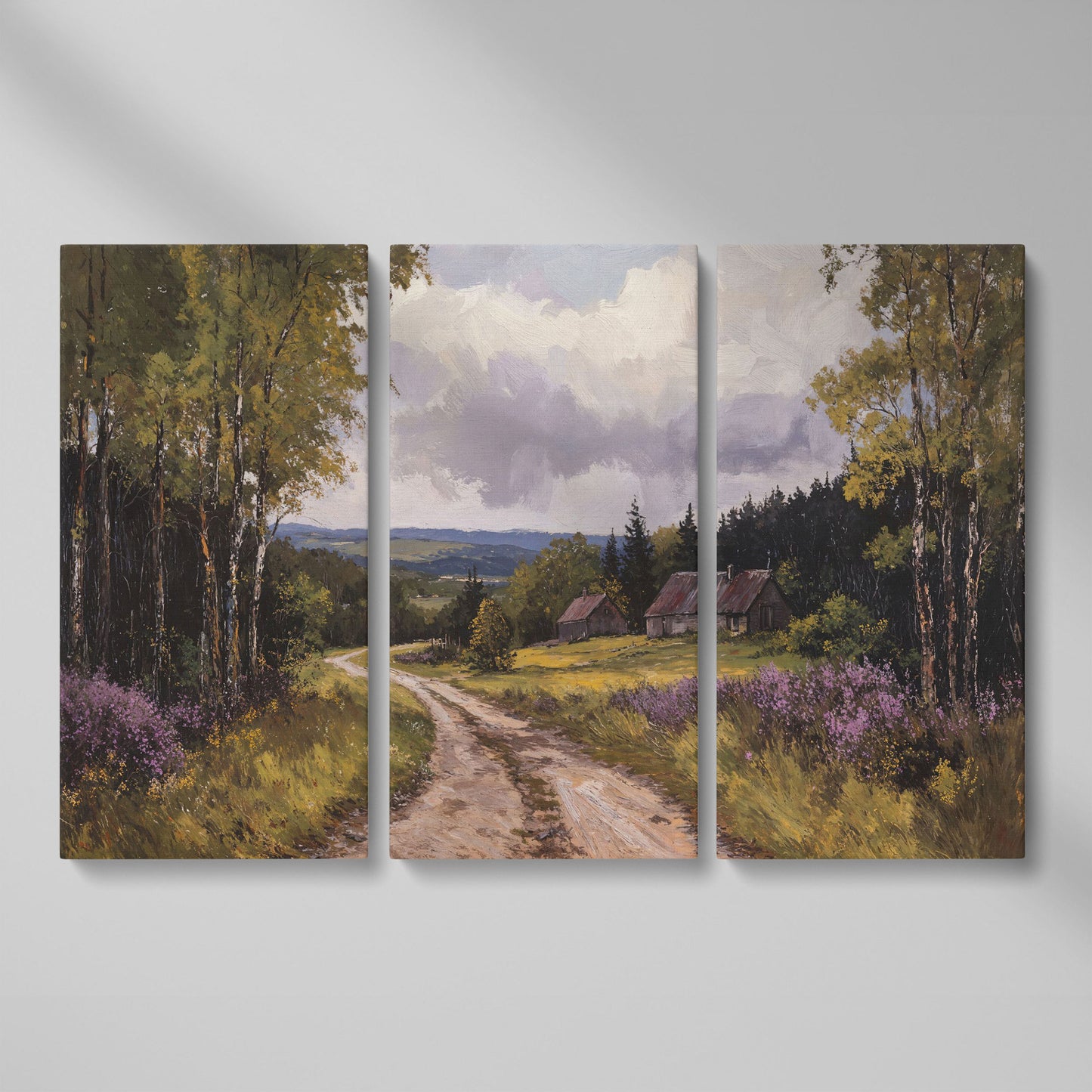 Serene Country Road Landscape Canvas as 3-panel split version