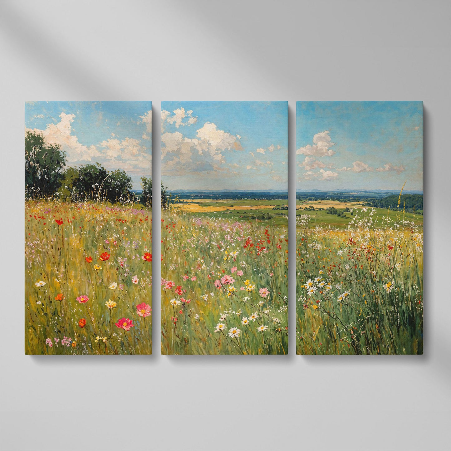 Springtime Countryside Landscape Canvas as 3-panel split version